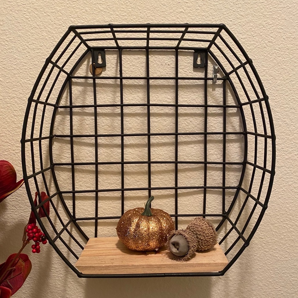 Wire metal and wood hanging wall shelf set.